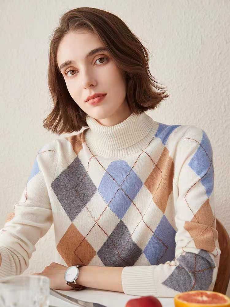 Vintage Diamond Lattice Pure Cashmere High Lapel Inlay Knitted Sweater