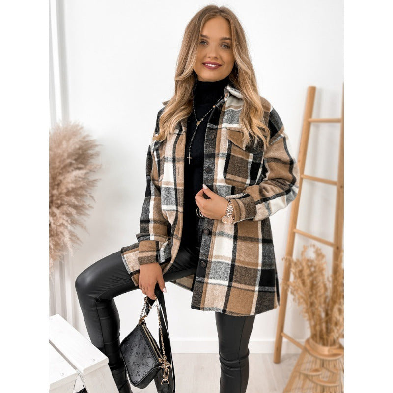 Long Sleeve Single-breasted Plaid Printed Blouse Collar Woolen Coat