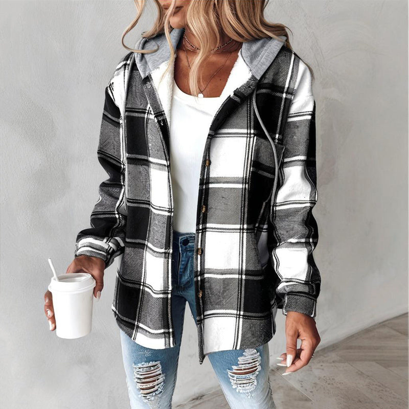 Women's Plaid Drawstring Hoodie Long Sleeve Shirt Button Front Casual Tops Spring&Fall Fashion Minimalist Style
